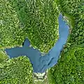 Von oben gesehen: See und Wald im Kalynove-Reservat in der Ukraine