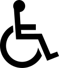 Dieses Symbol ist eigentlich ein Piktogramm. Es zeigt einen Ort an, der für Menschen im Rollstuhl begehbar ist.