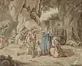 Eine Zeichnung aus Italien, vor 200 Jahren: Eine Kutsche mit Familie wird überfallen.
