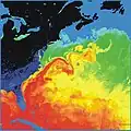 Der nördliche Atlantik wird vom Golfstrom aufgewärmt. Rot und gelb sind hier die wärmeren Temperaturen.