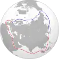 Von London nach Südkorea: Die rote Strecke geht durch den Sues-Kanal, die blaue Linie zeigt die Nord-Ost-Passage.