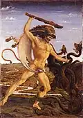 Auf einem 500 Jahre altem Gemälde: Der Halbgott Herakles schlägt der Schlange Hydra die Köpfe ab.