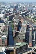 Die Speicherstadt Hamburg aus einem Heißluftballlon aus gesehen