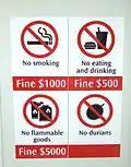 In Singapur ist viel verboten. In der Metro betrifft es das Rauchen, Essen und Trinken, leicht entzündbare Waren und die Stinkfrucht Durian.