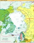 Hier schwebt der Zeichner sozusagen über dem Nordpol. Der Polarkreis ist blau gestrichelt.
