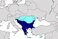 Der Balkan ist auf dieser Karte dunkelblau eingefärbt. Er wird Halbinsel genannt, das ist aber strittig.
