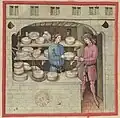 Zeichnung in einem 550 Jahre altem Buch: Hier wird Käse verkauft.
