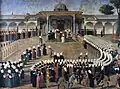 Ein Gemälde aus dem Jahr 1789. Sultan Selim der Dritte empfängt mächtige Männer in seinem Palast.