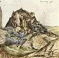 Dieses Bild mit Wasserfarben zeigt die Burg Arco