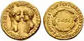 Eine Goldmünze aus der Zeit von Nero. Er zeigt sich hier mit seiner Mutter.