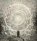 Aus der göttlichen Komödie: Dante und seine Geliebte Beatrice vor dem Tor zum Himmel