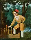 Ein Junge in Österreich beim Kegeln, im Jahr 1876