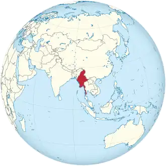 Myanmar on the globe (Myanmar centered).svg