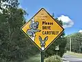 Dieses Schild bittet die Autofahrer, auf Koalas und Kängurus auf der Straße zu achten.