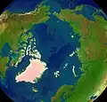 Die Gegend um den Nordpol, wenn es kein Packeis gäbe. Die weiße Insel ist Grönland.