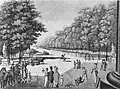 Ein Bild aus dem Jahr 1818. Die Leute stehen westlich des Tores. Der Weg führt zum Tiergarten.