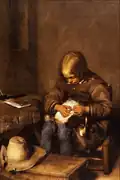Gemälde um 1650: Ein Junge sucht Flöhe auf seinem Hund.