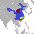 Im Südosten Chinas werden viele Dialekte gesprochen. Blau ist die Gegend, in der Mandarin gesprochen wird.