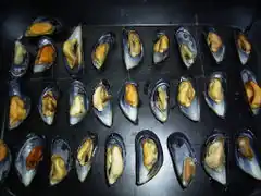 Die Muschelhälften auf der Auflaufform verteilen.