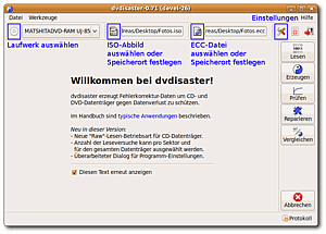 dvdisaster Hauptfenster