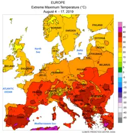 Höchst­temperatur 4. – 17.&nbsp;August 2019(lila&nbsp;>&nbsp;40&nbsp;°C, rot&nbsp;>&nbsp;30&nbsp;°C; NOAA-NWS-CPC)