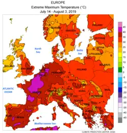 Höchst­temperatur 14.&nbsp;Juli – 3.&nbsp;August 2019(lila&nbsp;>&nbsp;40&nbsp;°C, rot&nbsp;>&nbsp;30&nbsp;°C; NOAA-NWS-CPC)