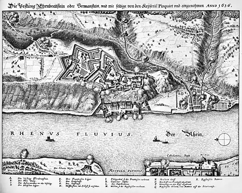 Die Vestung Ehrenbreitstein oder Hermanstein, vnd wie selbige von den Kayseris. Ploquirt vnd eingenohmen Anno 1636 (ohne Ortsartikel)