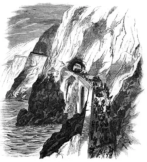 Die Gartenlaube (1855) b 253.jpg Sardinische Truppen auf der cornischen Straße zwischen Nizza und Genua