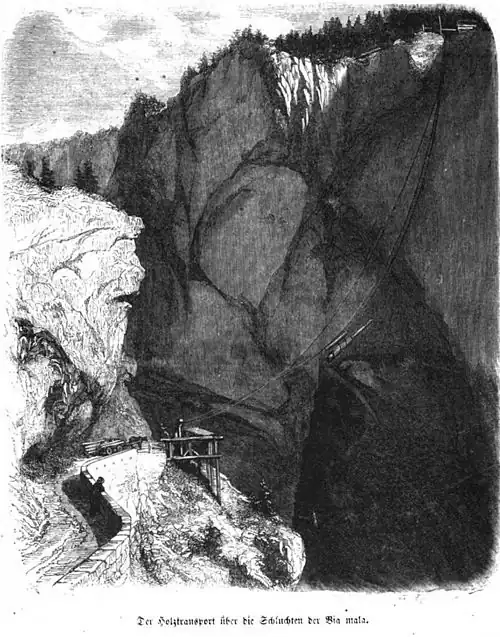 Die Gartenlaube (1857) b 205.jpg Der Holztransport über die Schluchten der Via mala