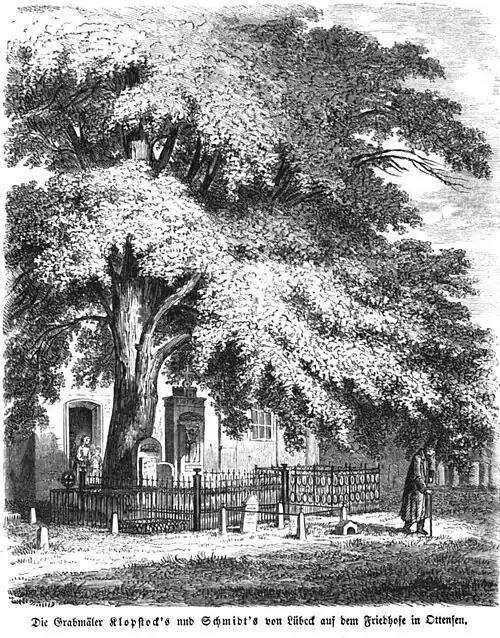 Die Gartenlaube (1857) b 261.jpg Die Grabmäler Klopstock’s und Schmidt’s von Lübeck auf dem Friedhofe in Ottensen