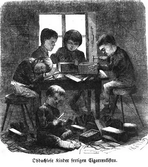 Die Gartenlaube (1857) b 465 3.jpg Obdachlose Kinder fertigen Cigarremkisten (Herbert König)