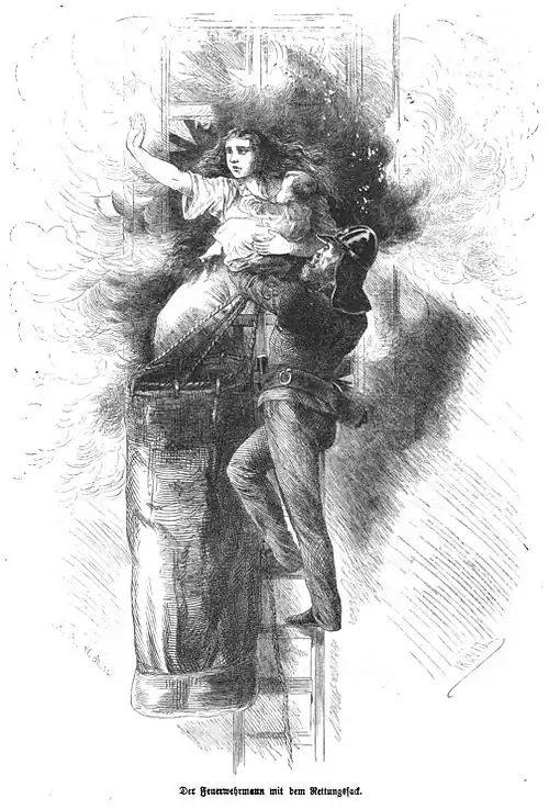 Die Gartenlaube (1857) b 601.jpg Der Feuerwehrmann mit dem Rettungssack (Herbert König)