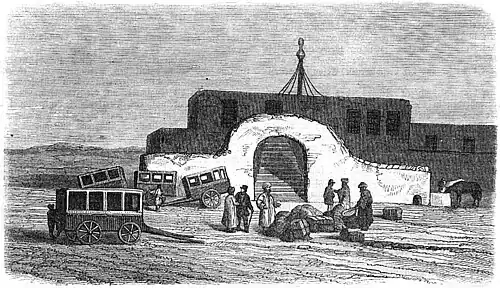 Die Gartenlaube (1858) b 145 1.jpg Poststation in der Wüste zwischen Cairo und Suez