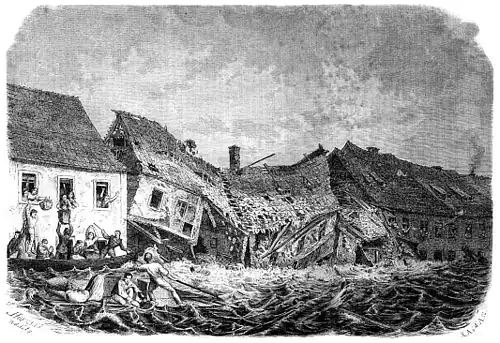 Die Gartenlaube (1858) b 492.jpg Die Neugasse in Glauchau während der Ueberschwemmung (S)
