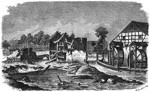 Die Gartenlaube (1858) b 517.jpg Die Erlmühle bei Zwickau nach der Wasserfluth