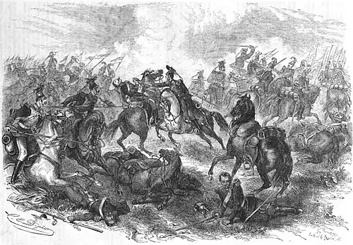 Die Gartenlaube (1859) b 461.jpg Graf zur Lippe erlegt im Zweikampf einen sardinischen Rittmeister (Carl Emil Döpler) (S)