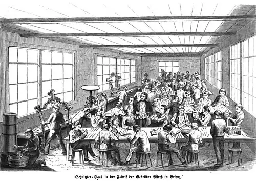 Die Gartenlaube (1860) b 261.jpg Schnitzler-Saal in der Fabrik der Gebrüder Wirth in Brienz