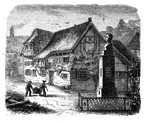 Die Gartenlaube (1860) b 368.jpg Hebel’s Geburtshaus und das neue Denkmal