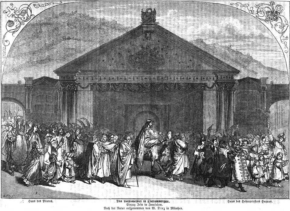Die Gartenlaube (1860) b 533.jpg (S) Das Passionsspiel in Oberammergau Einzug Jesu in Jerusalem Nach der Natur gezeichnet von W. Diez in München