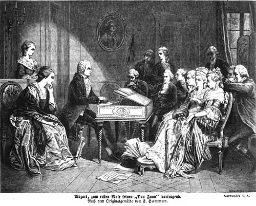 Die Gartenlaube (1860) b 613.jpg Mozart, zum ersten Male seinen „Don Juan“ vortragend Nach dem Originalgemälde von E. Hamman