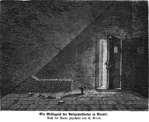 Die Gartenlaube (1860) b 653.jpg Ein Gefängniß der Polizeipräfectur in Neapel Nach der Natur gezeichnet von C. Grob