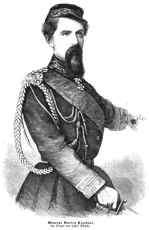 Die Gartenlaube (1860) b 717.jpg General Enrico Cialdini, der Sieger von Castel-Fidarde