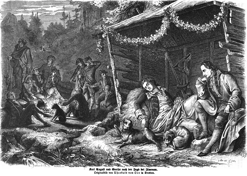 Die Gartenlaube (1861) b 245.jpg Karl August und Goethe nach der Jagd bei Ilmenau. Originalbild von Theobald von Oer in Dresden (S)