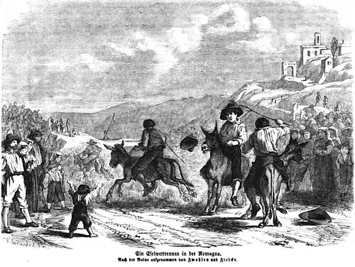 Die Gartenlaube (1861) b 277.jpg Ein Eselwettrennen in dwe Romagna. Nach der Natur aufgenommen von Zielcke