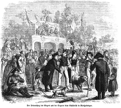 Die Gartenlaube (1861) b 341 2.jpg Der Triumphzug des Siegers und der Siegerin beim Schäferfest in Markgröningen