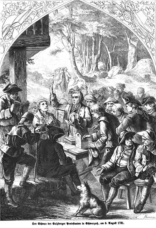 Die Gartenlaube (1861) b 421.jpg Der Schwur der Salzburger Protestanten in Schwarzach, am 5. August 1731 (Paul Thumann) (S)