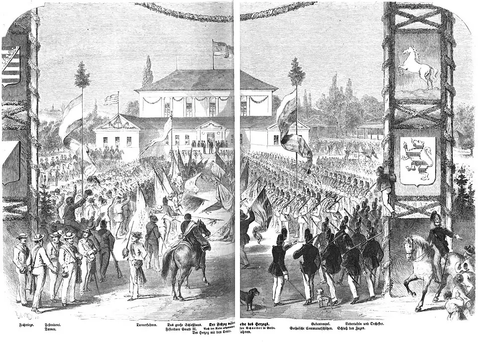 Die Gartenlaube (1861) b 540.jpg Der Festzug während [der R]ede des Herzogs. Nach Natur aufgenommen von(D)