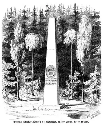 Die Gartenlaube (1861) b 789.jpg Denkmal Theodor Körner’s bei Rosenberg, an der Stelle, wo er gefallen