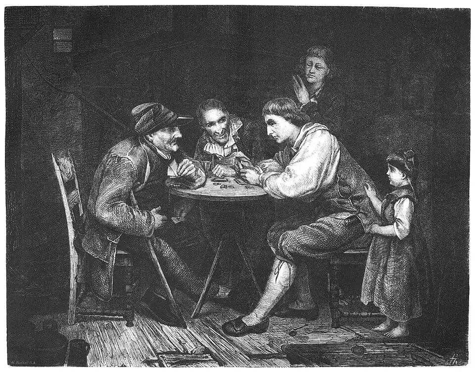 Die Gartenlaube (1862) b 037.jpg Die falschen Spieler. Gemälde von Knaus (S)