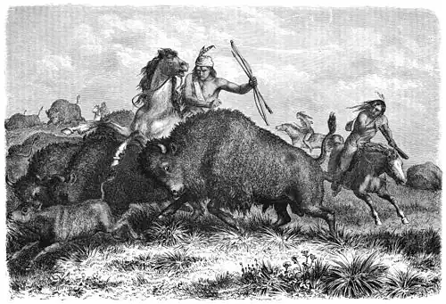 Die Gartenlaube (1862) b 620.jpg Indianer auf der Büffeljagd. Nach der Natur aufgenommen von Fred. Kurz (S)